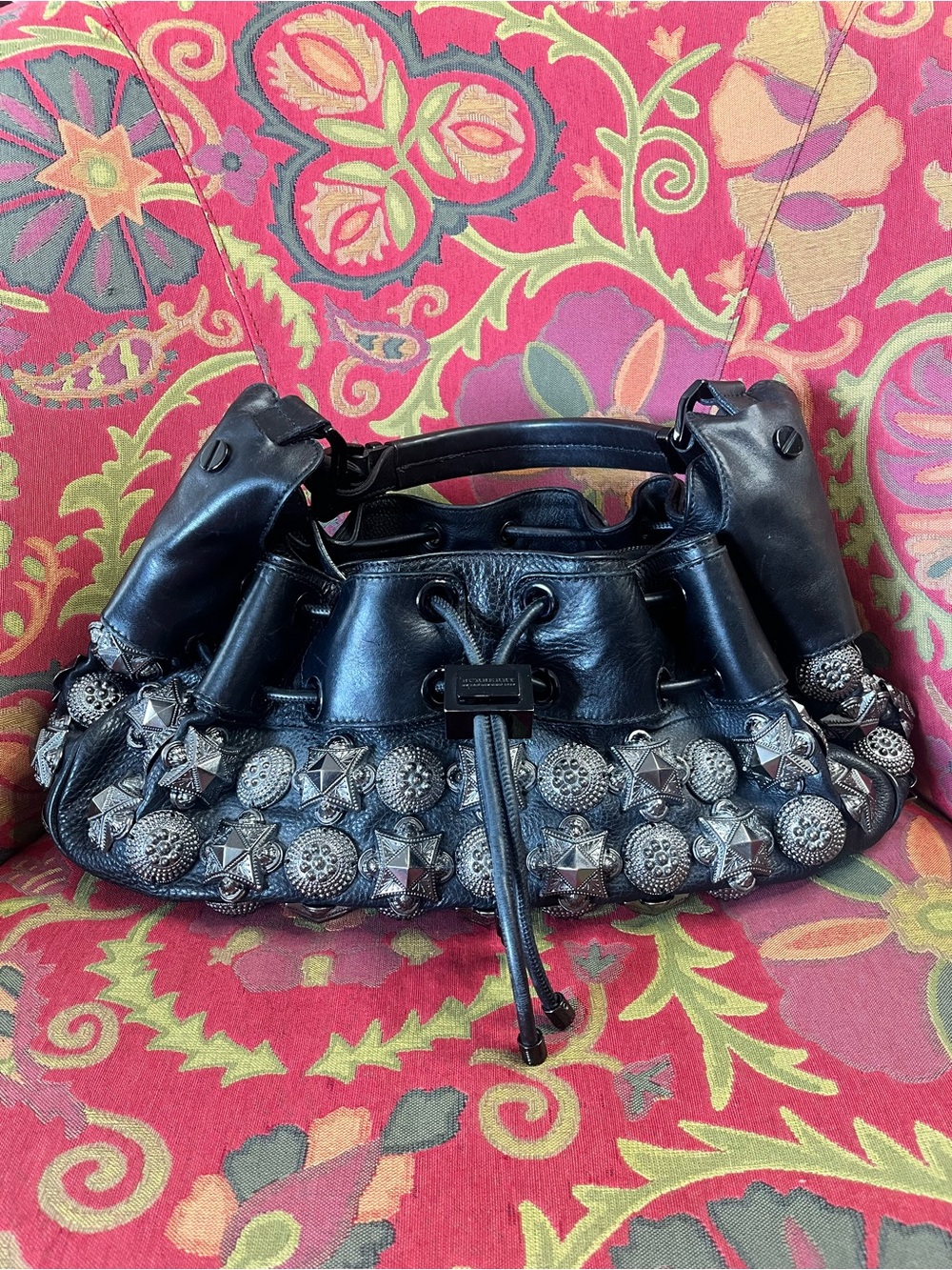 Burberry Studded Black Leather Drawstring Bucket Bag